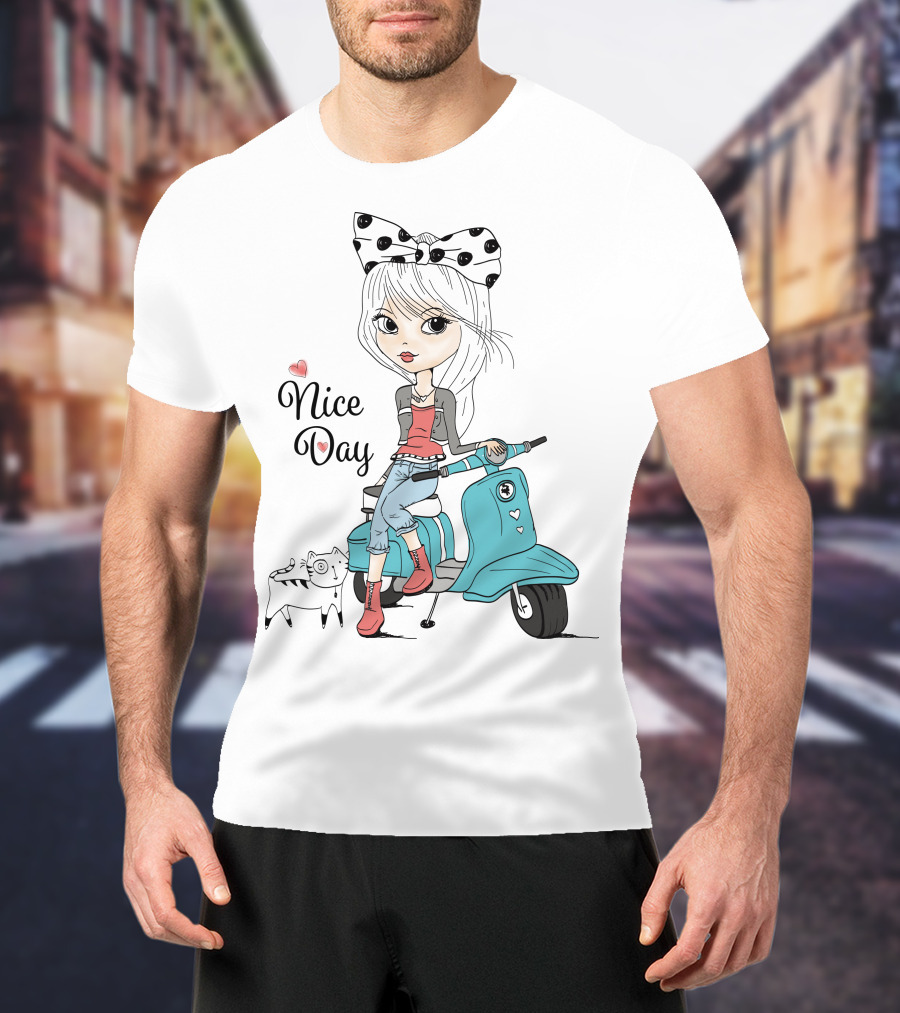 Nice Day Scooter Girl With Polka Dot Bow And Cute Cat T-Shirt