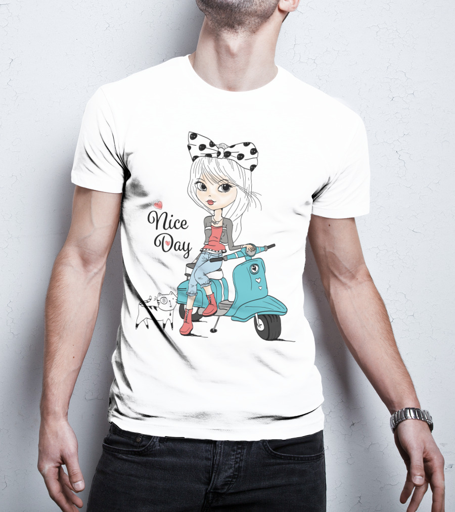 Nice Day Scooter Girl With Polka Dot Bow And Cute Cat T-Shirt