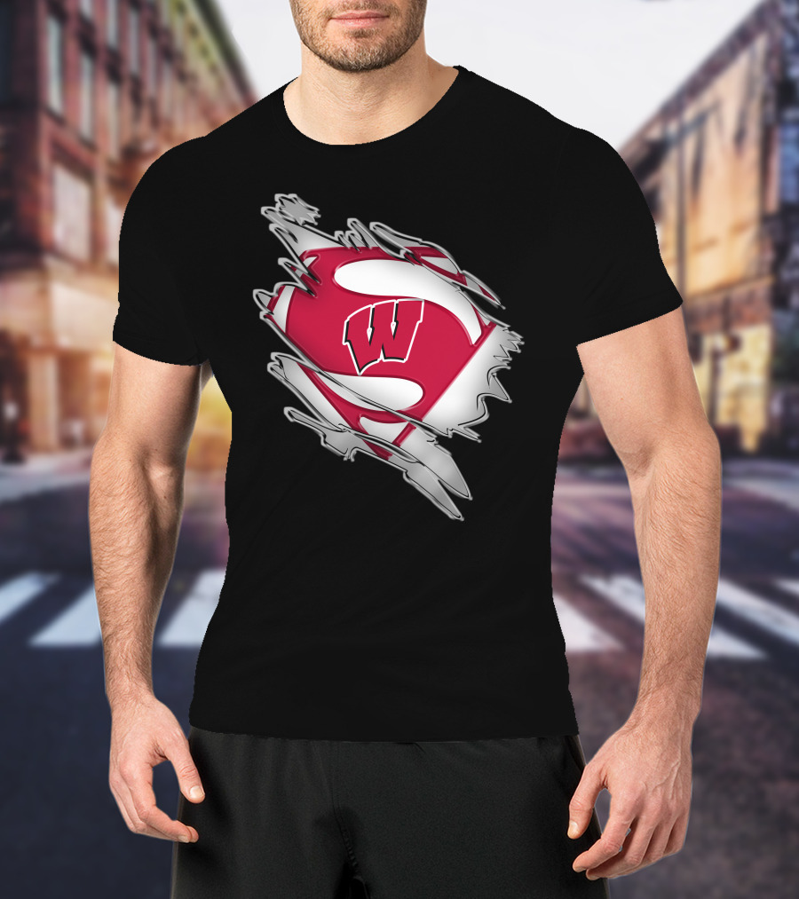 Wisconsin Badgers Super Man Emblem With W Inside Torn Fabric Effect T-Shirt
