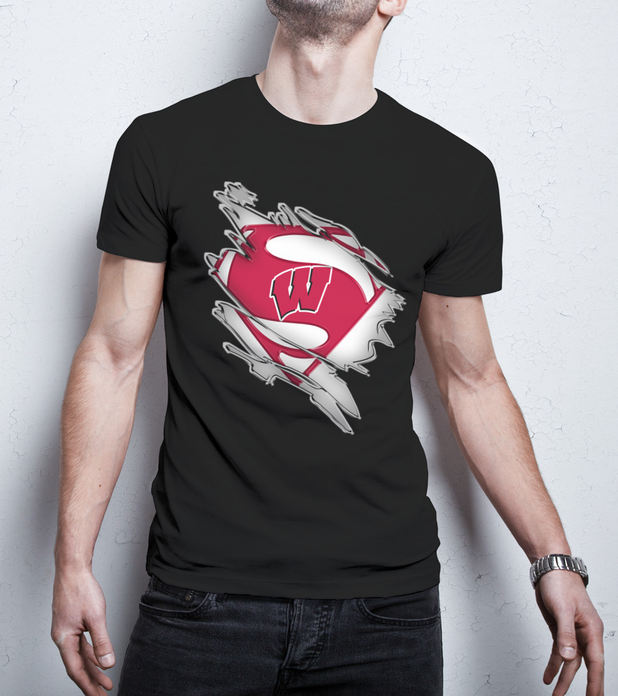 Wisconsin Badgers Super Man Emblem With W Inside Torn Fabric Effect T-Shirt