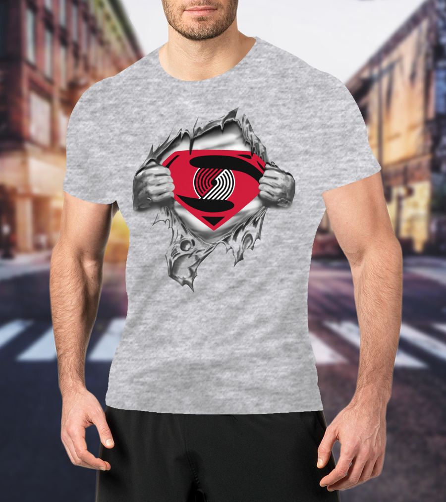 Portland Trail Blazers Super Man Logo Busting Through T-Shirt