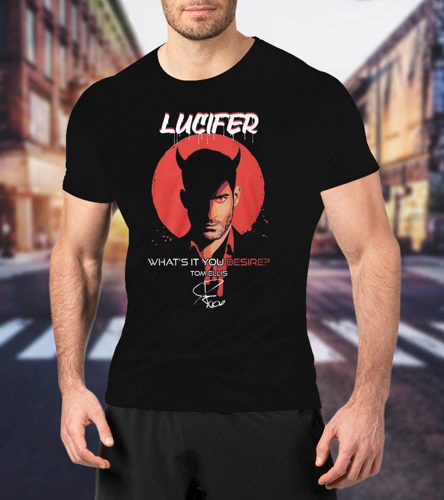 Lucifer What's It You Desire Tom Ellis Red Circle Devil Horns T-Shirt