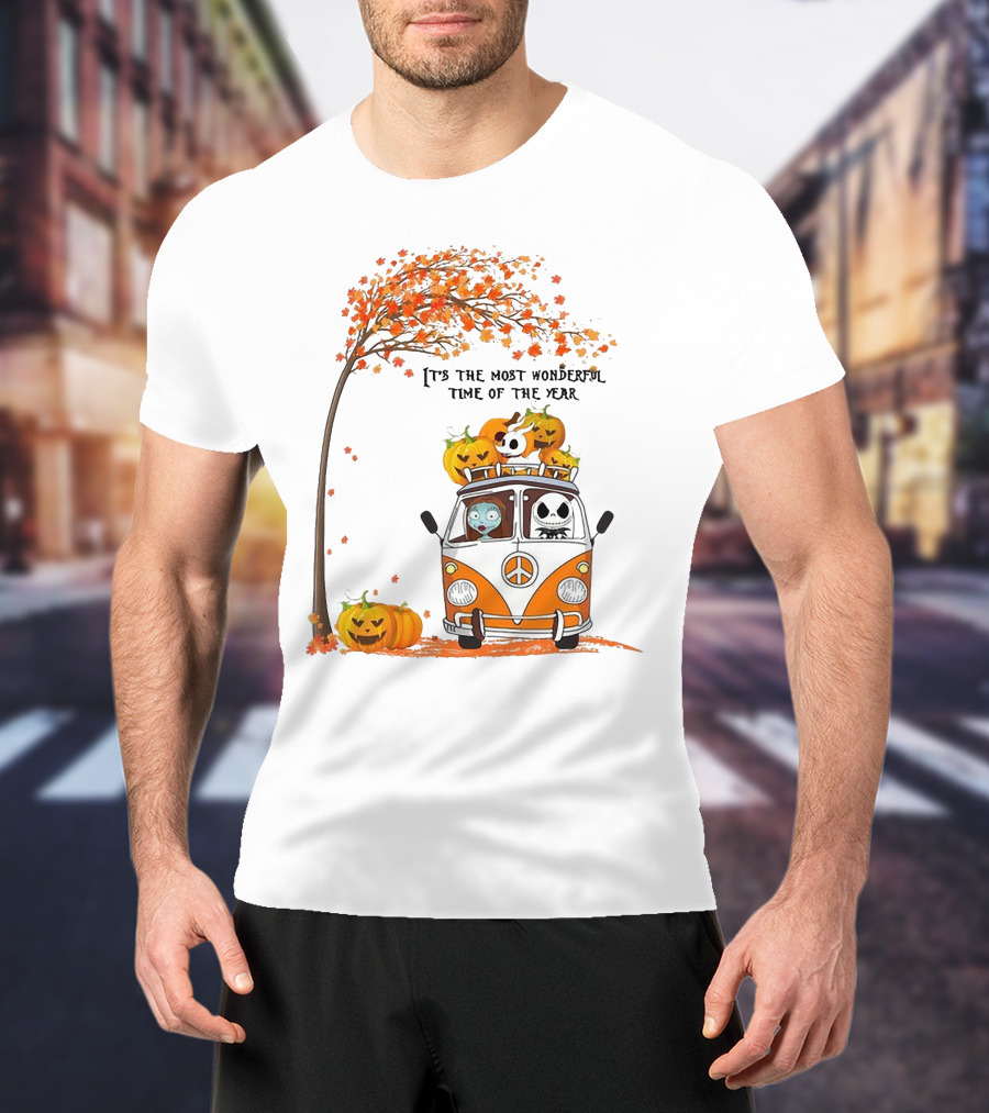 Jack Skellington Pumpkin It's The Most Wonderful Time Of The Year Autumn Van With Pumpkins And Tree T-Shirt