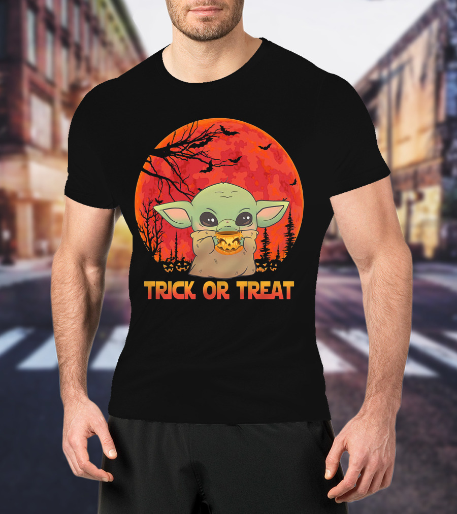Halloween Baby Yoda Trick Or Treat Moon Pumpkin Forest T-Shirt