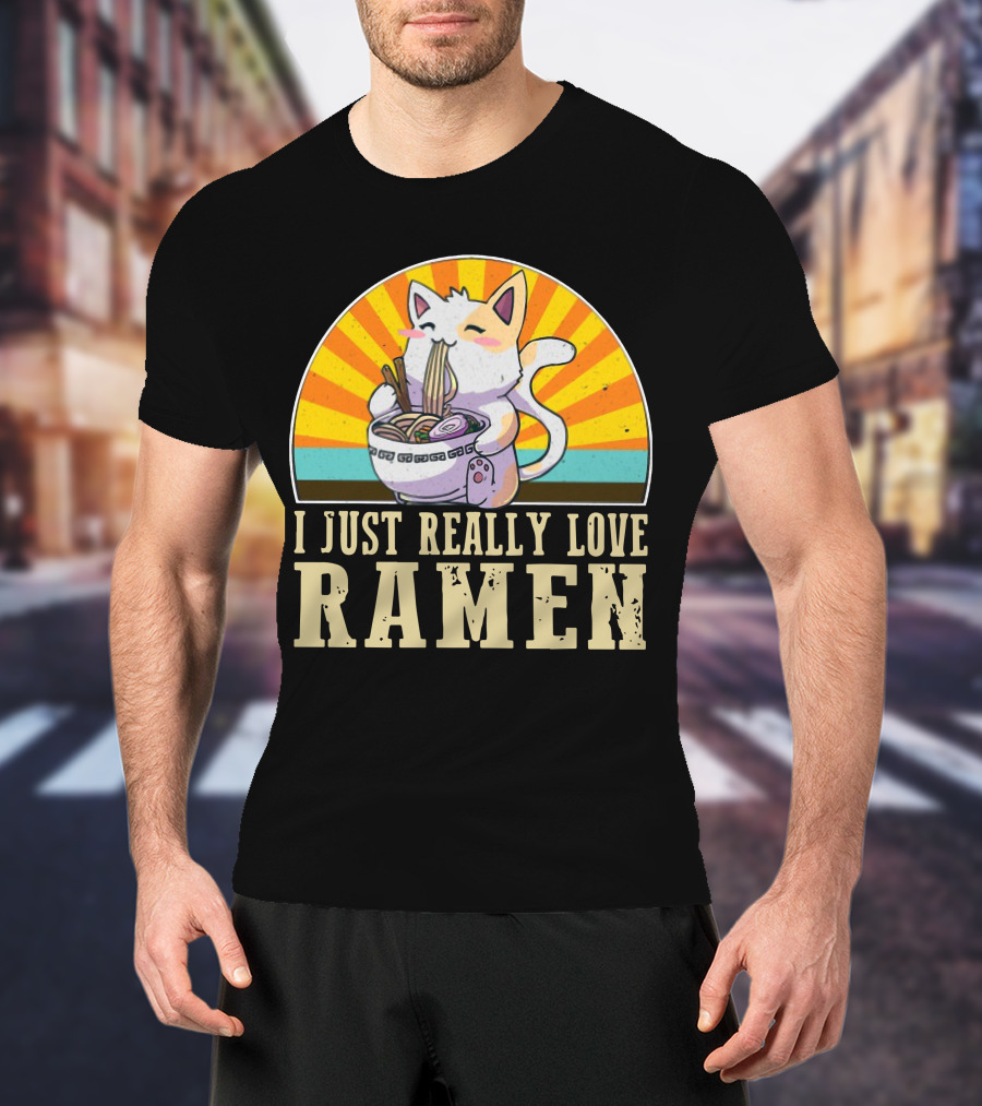 Cat Enjoying Ramen With Sunburst Background Graphics T-Shirt