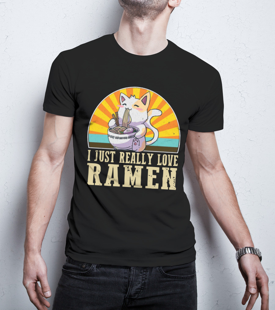 Cat Enjoying Ramen With Sunburst Background Graphics T-Shirt