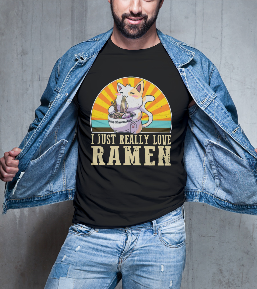 Cat Enjoying Ramen With Sunburst Background Graphics T-Shirt