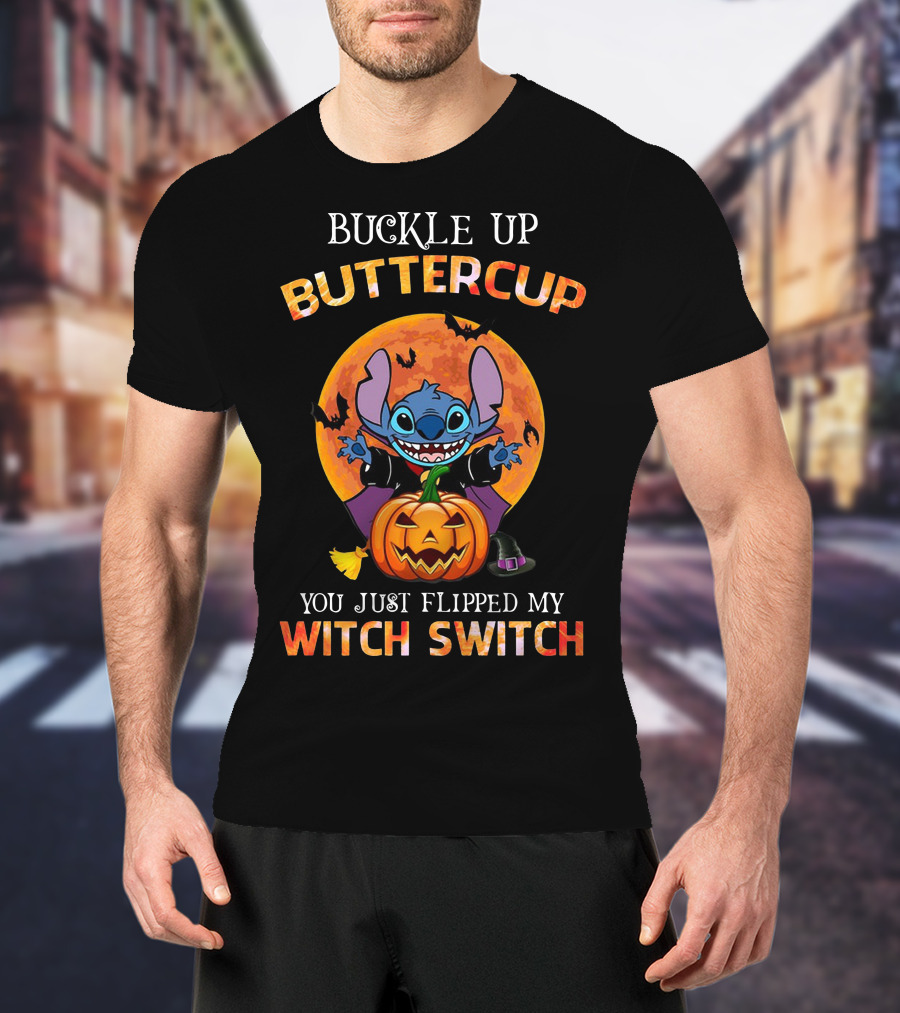Buckle Up Buttercup Halloween Stitch You Just Flipped My Witch Switch Pumpkin Moon Bats T-Shirt