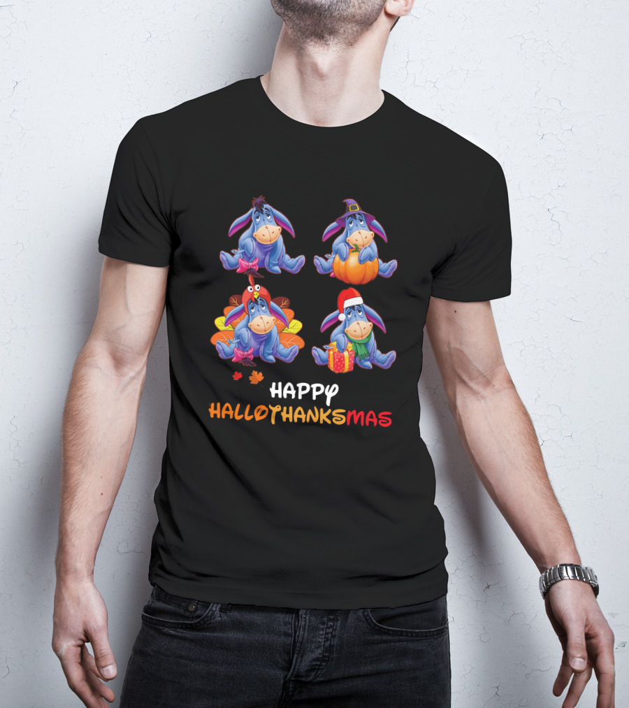 Eeyore Happy Hallothanksmas With Festive Seasonal Teal Accents T-Shirt
