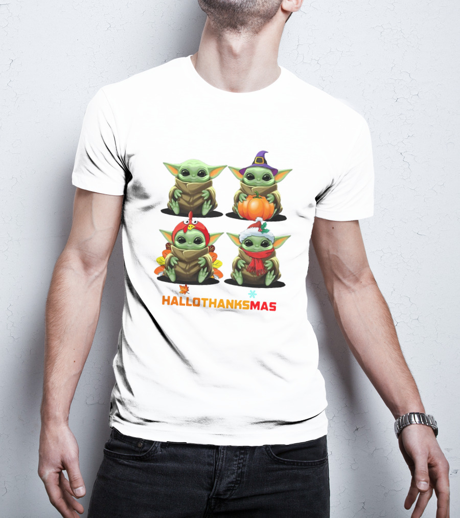 Baby Yoda Halloween Thanksgiving Christmas Happy Hallothanksmas T-Shirt