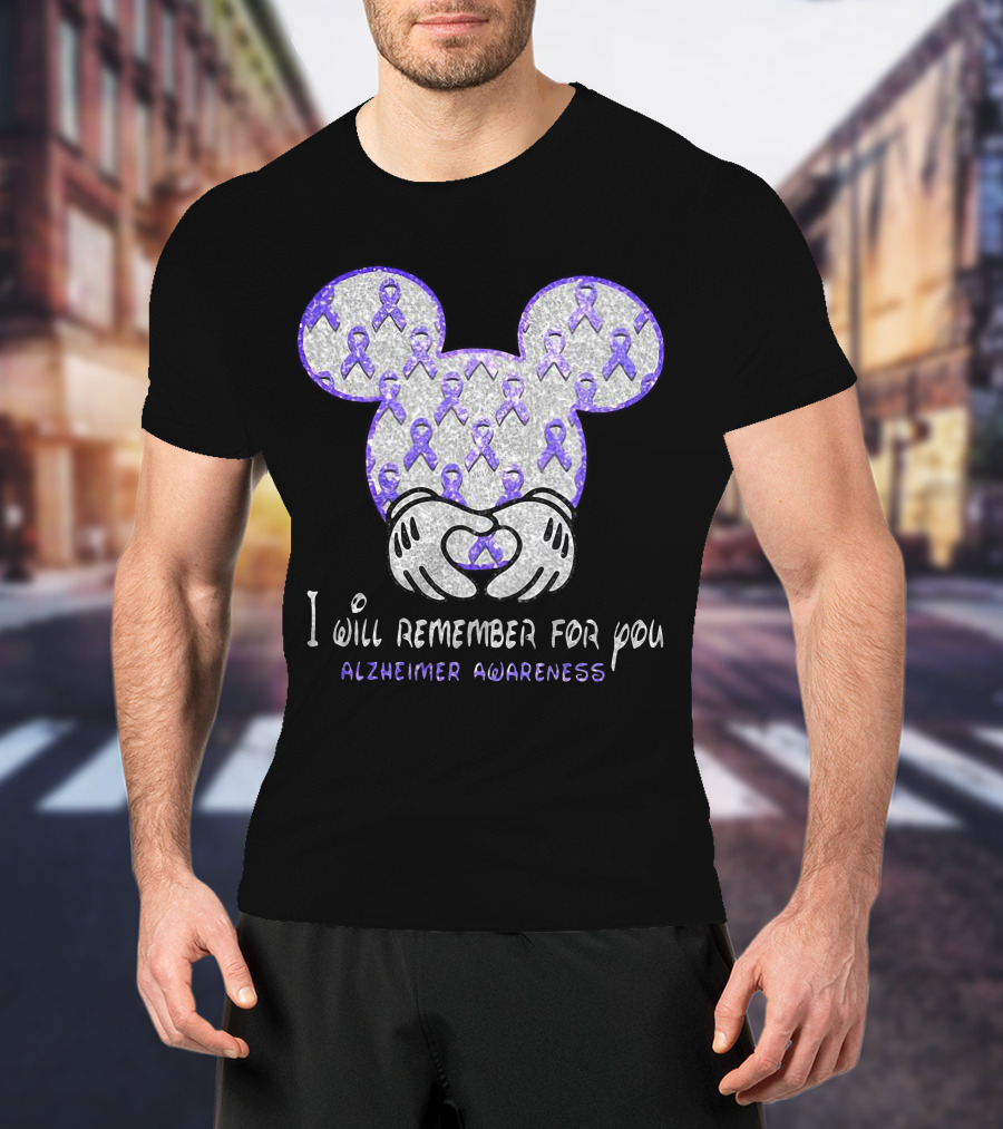 I Will Remember For You Alzheimer Awareness Mickey Pattern With Purple Ribbons T-Shirt