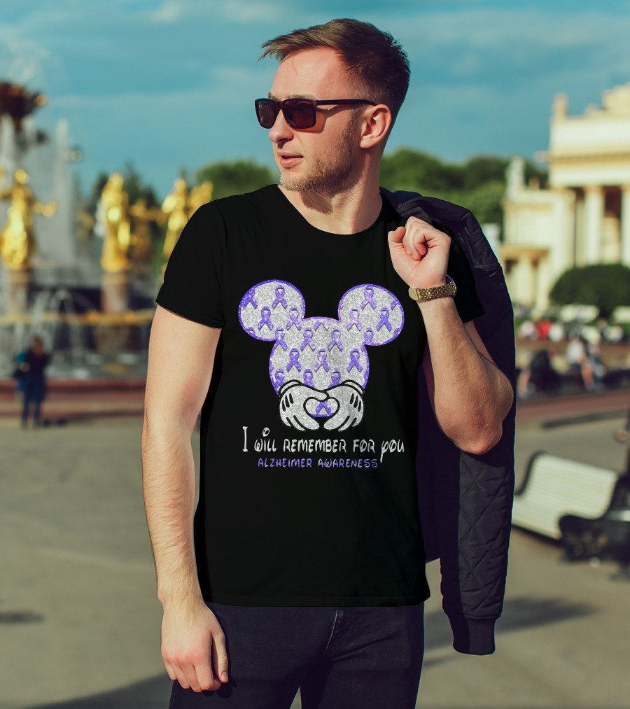 I Will Remember For You Alzheimer Awareness Mickey Pattern With Purple Ribbons T-Shirt
