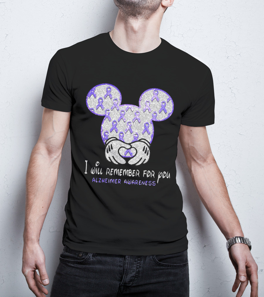 I Will Remember For You Alzheimer Awareness Mickey Pattern With Purple Ribbons T-Shirt