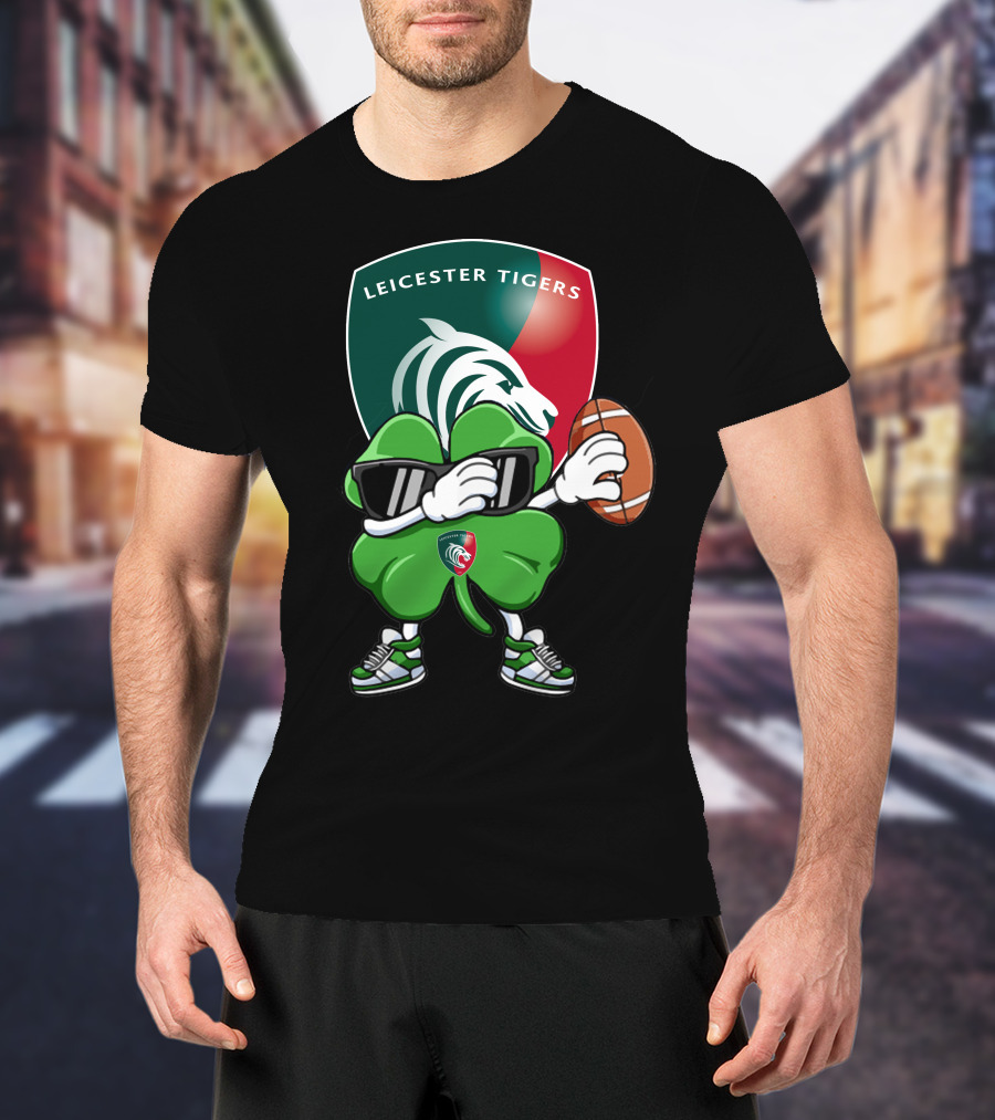 Leicester Tigers Shamrock Mascot Holding Rugby Ball T-Shirt