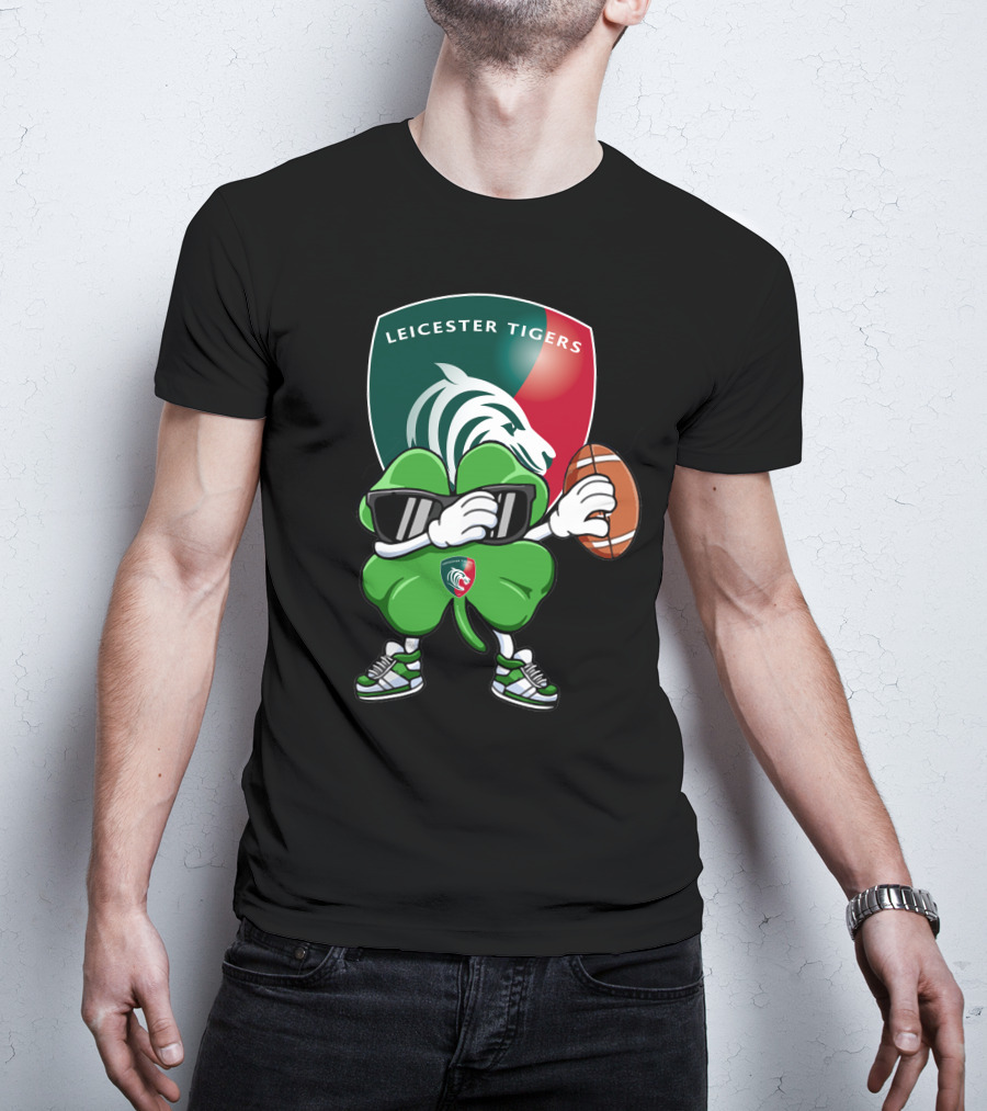 Leicester Tigers Shamrock Mascot Holding Rugby Ball T-Shirt