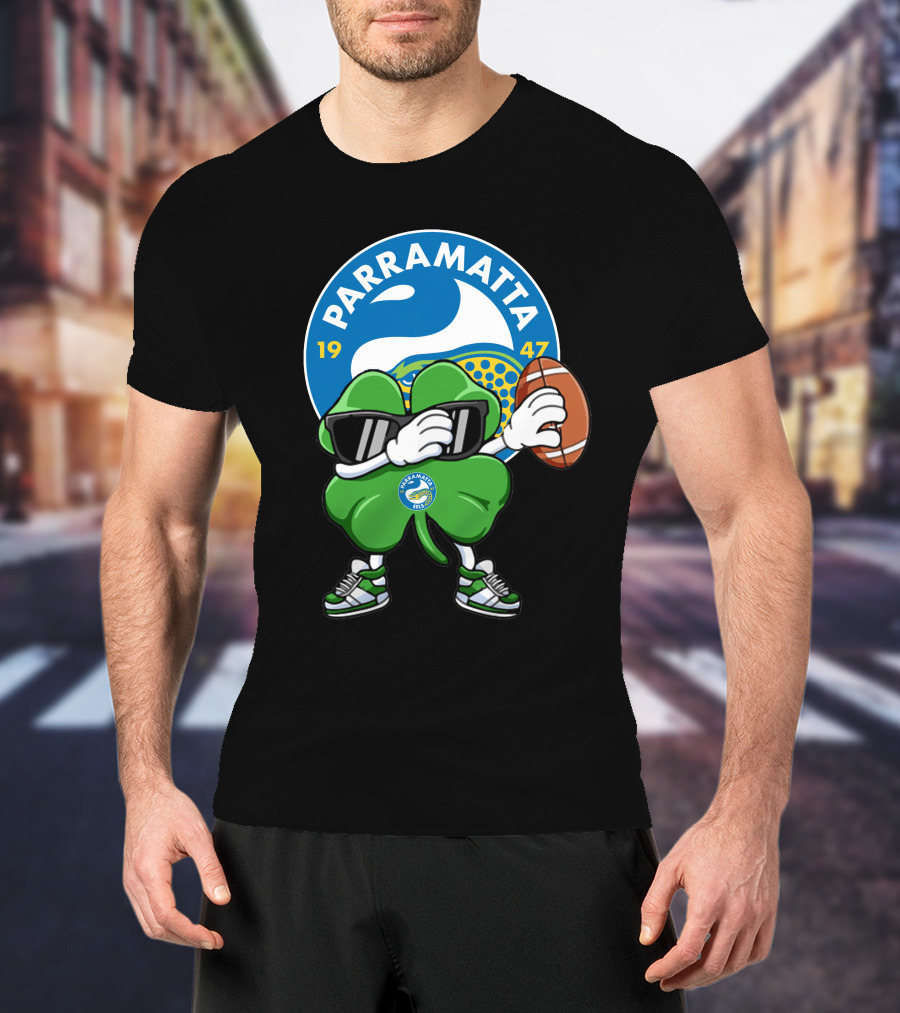 Parramatta Eels 1947 Clover Mascot With Football And Sunglasses T-Shirt