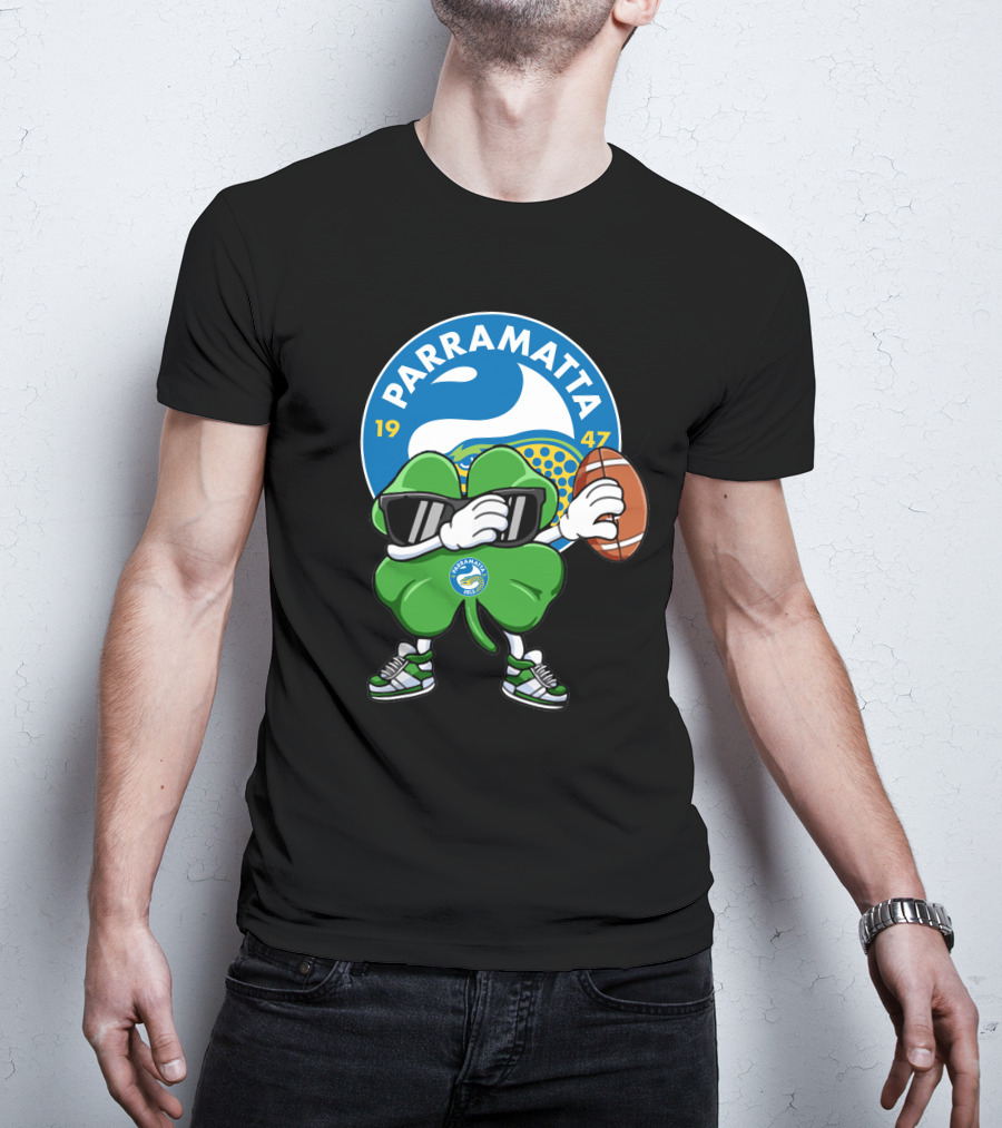 Parramatta Eels 1947 Clover Mascot With Football And Sunglasses T-Shirt