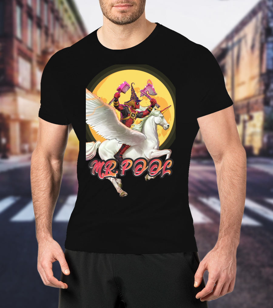 MR POOL Wizard On Unicorn With Pink Axes T-Shirt