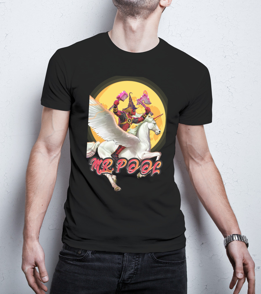 MR POOL Wizard On Unicorn With Pink Axes T-Shirt