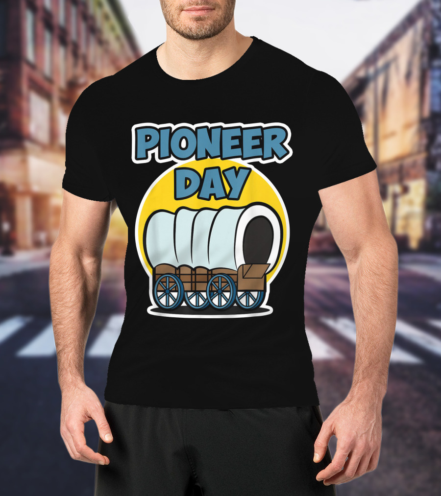 Pioneer Day Covered Wagon Illustration With Bold Lettering T-Shirt