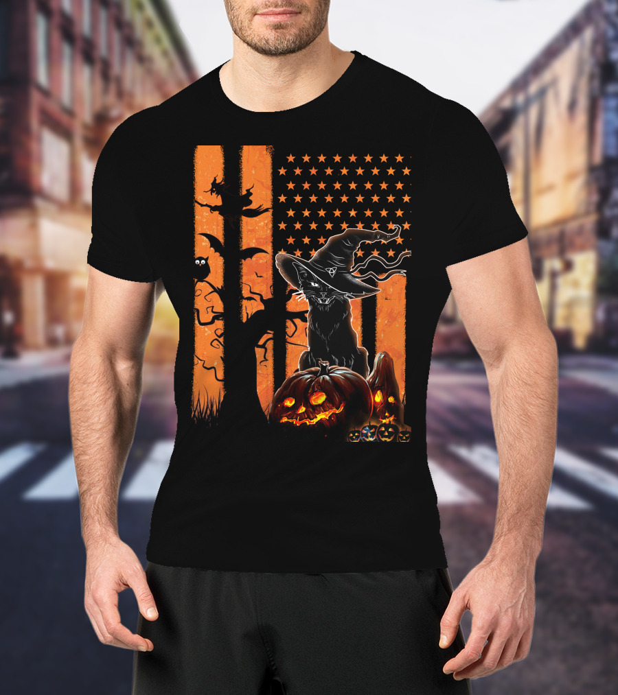Halloween Black Cat Witch Hat Jack-O'-Lanterns And Stars On Orange Stripes T-Shirt
