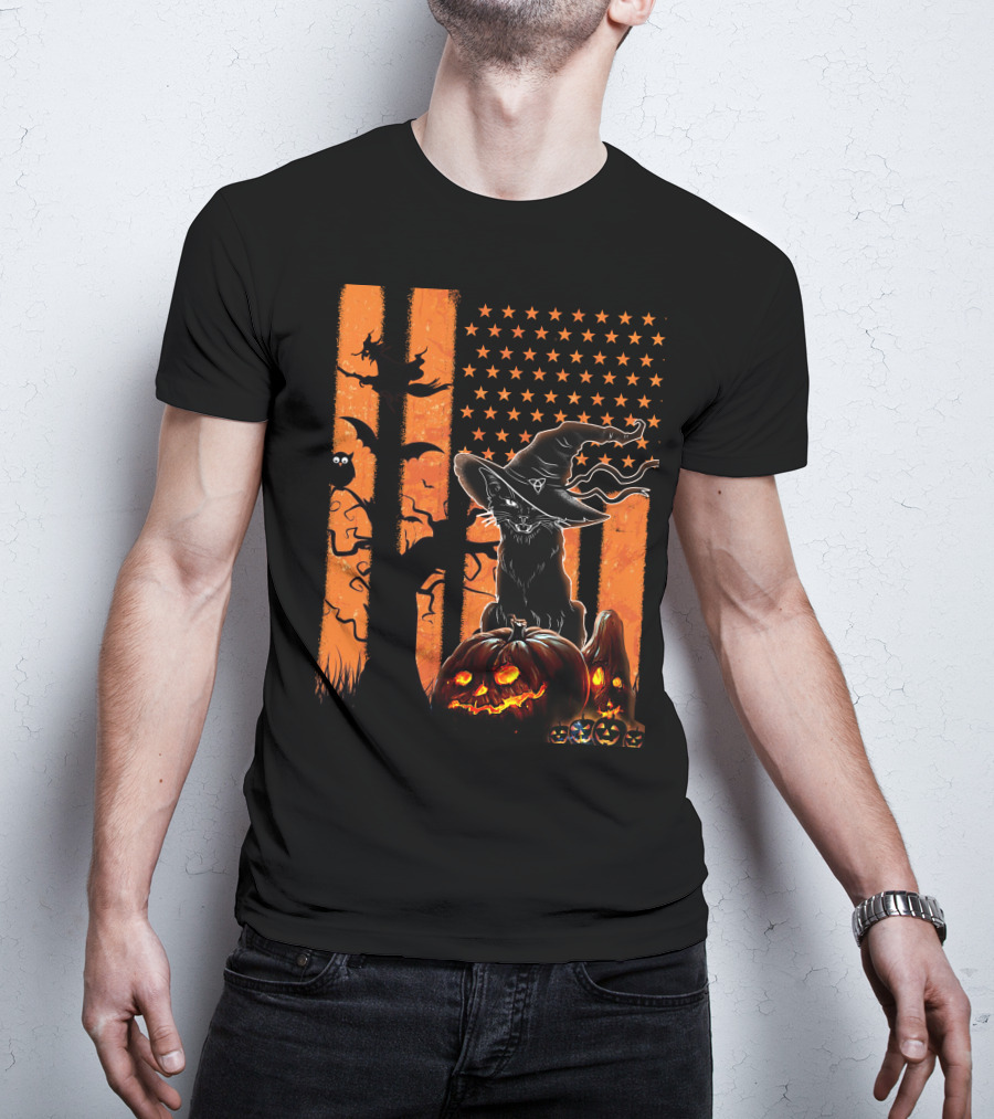 Halloween Black Cat Witch Hat Jack-O'-Lanterns And Stars On Orange Stripes T-Shirt