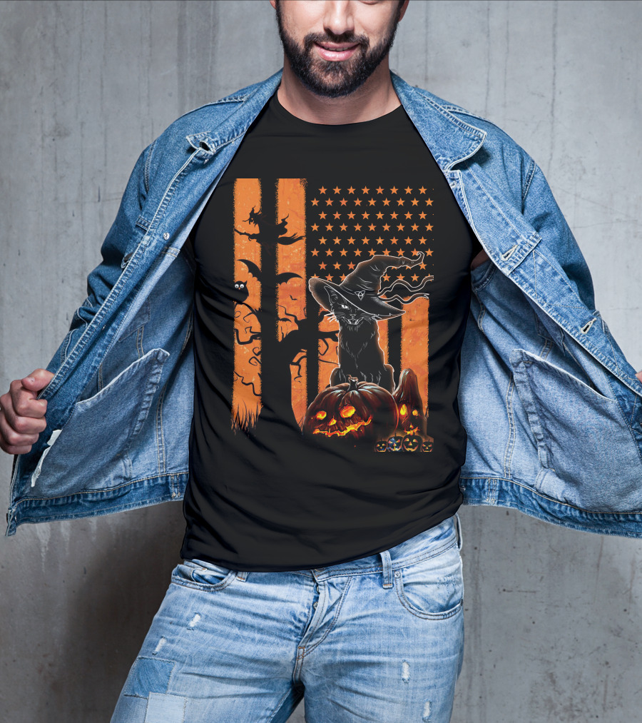 Halloween Black Cat Witch Hat Jack-O'-Lanterns And Stars On Orange Stripes T-Shirt