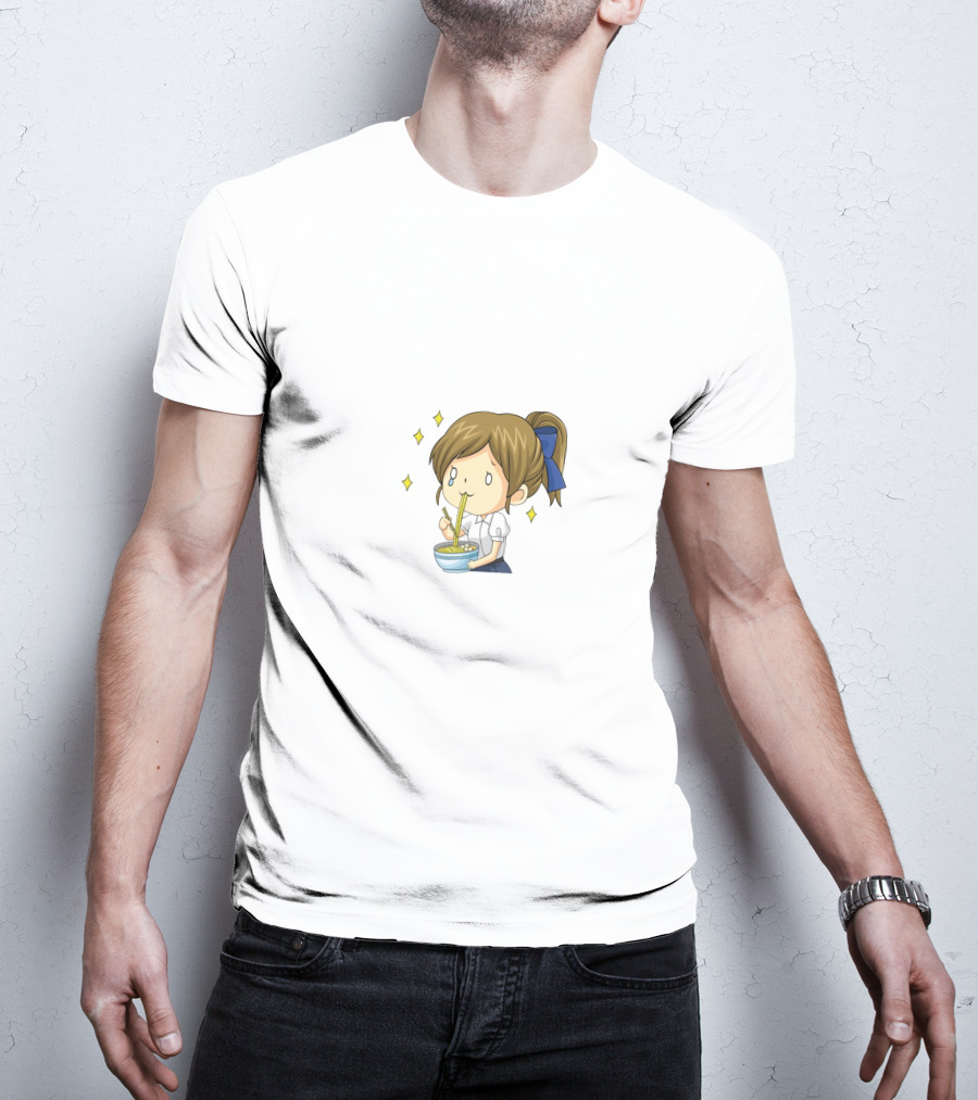 Onlywonderful Anime Girl Eating Ramen With Blue Bow And Sparkles T-Shirt