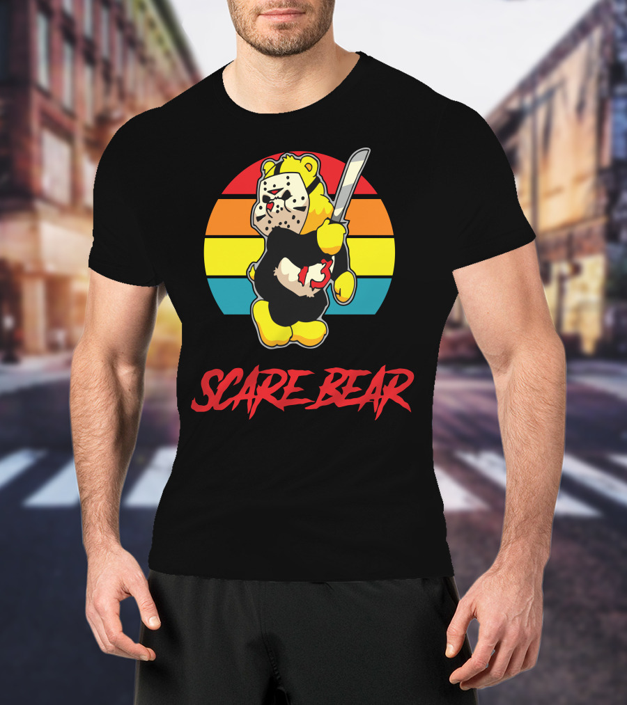 Scare Bear Slasher Retro Rainbow Bear With Mask And Knife T-Shirt