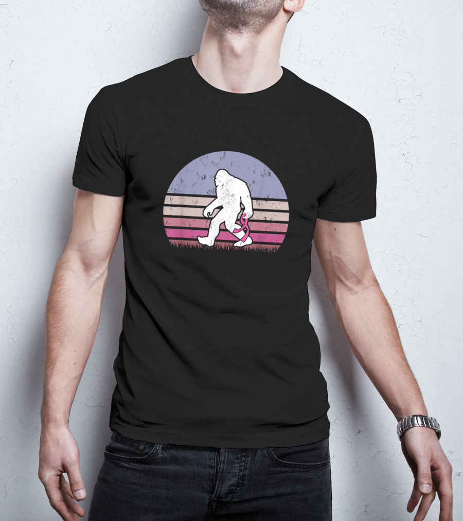 Vintage Bigfoot Breast Cancer Awareness Pink Ribbon Stripes T-Shirt