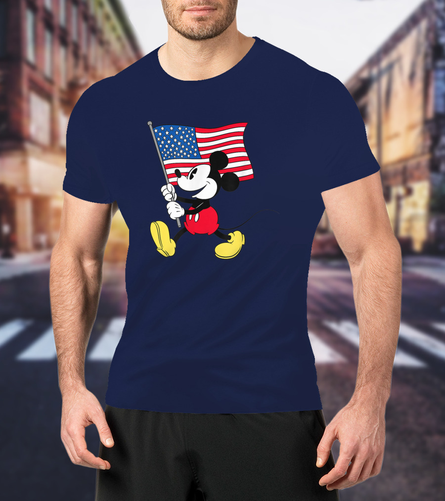 Mickey Mouse Holding American Flag Patriotic Disney T-Shirt