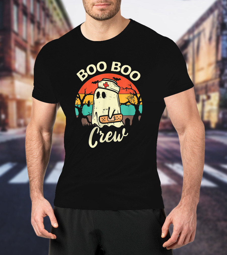 Boo Boo Crew Funny Nurse Ghost Halloween With Bats And Bandage T-Shirt
