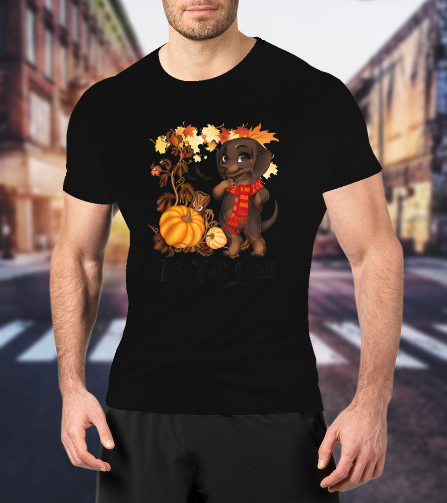 It's Fall Y'all Dachshund With Pumpkins And Autumn Leaves T-Shirt