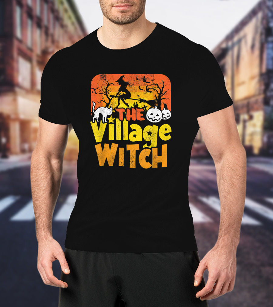 The Village Witch Funny Halloween Witch Pumpkin Cat Moon Scene T-Shirt