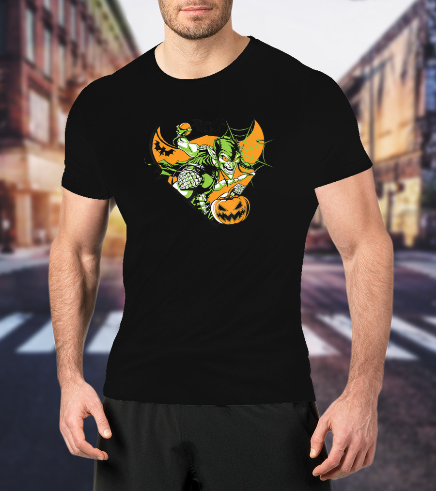 Marvel Green Goblin Pumpkin Bomb Halloween Bats Iconic Villain Orange Web T-Shirt