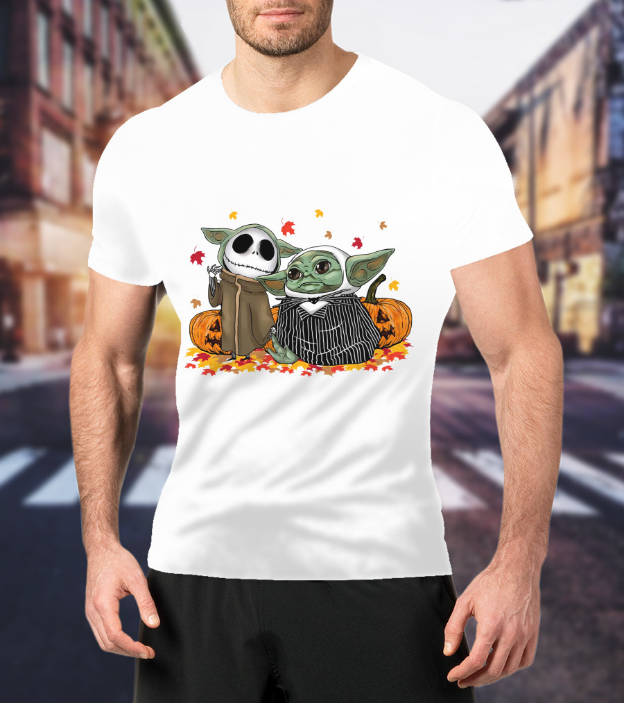 Baby Yoda And Jack Skellington In Halloween Pumpkin Scene T-Shirt