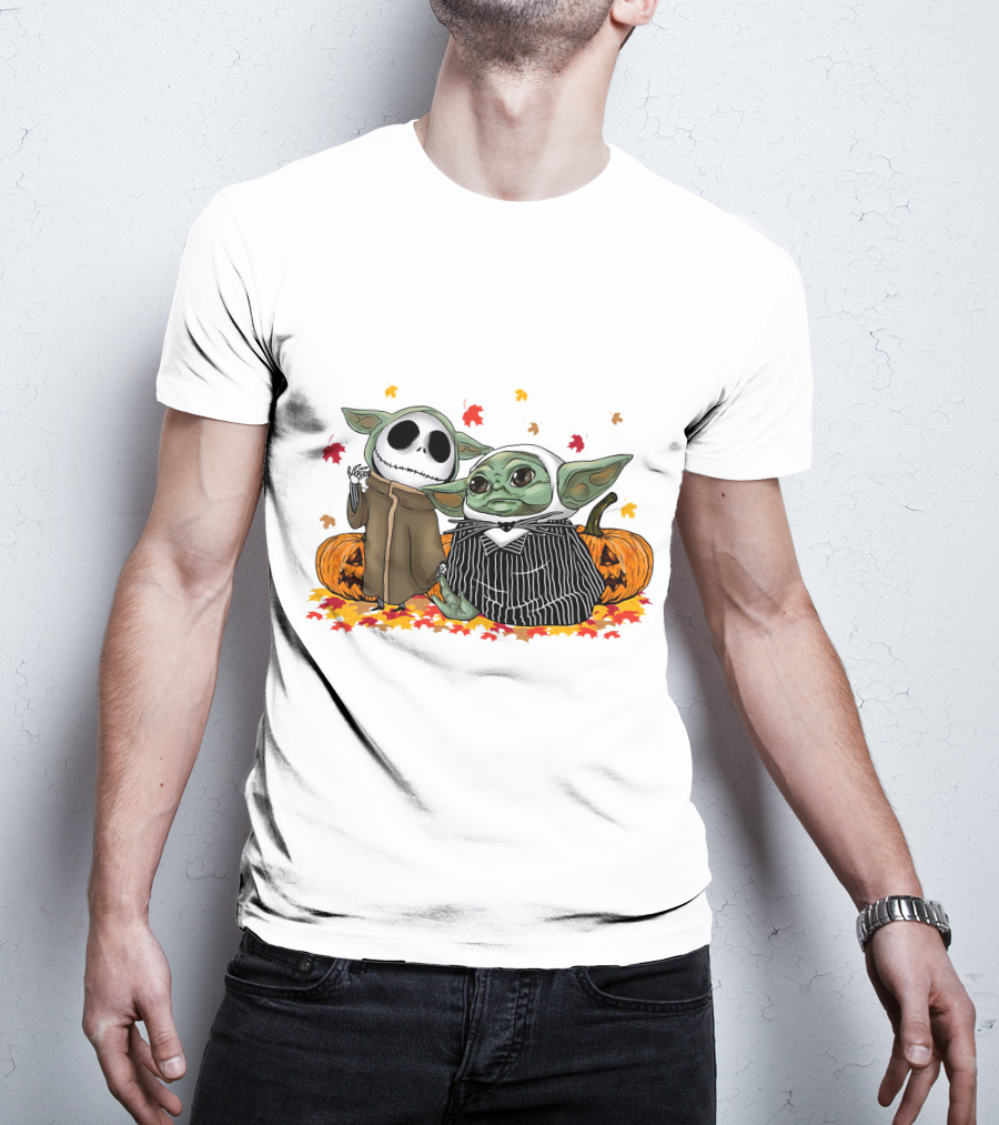 Baby Yoda And Jack Skellington In Halloween Pumpkin Scene T-Shirt