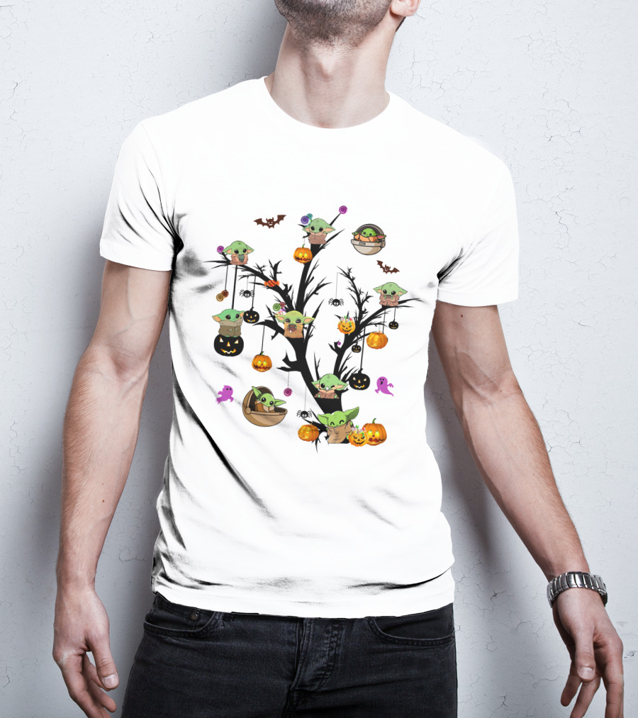 Spooky Halloween Baby Yoda Tree With Pumpkins And Bats T-Shirt