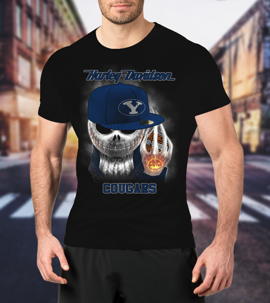 Harley Davidson Cougars Skull Wearing Byu Hat With Pumpkin And Logo Elements T-Shirt