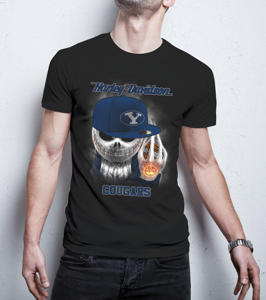 Harley Davidson Cougars Skull Wearing Byu Hat With Pumpkin And Logo Elements T-Shirt