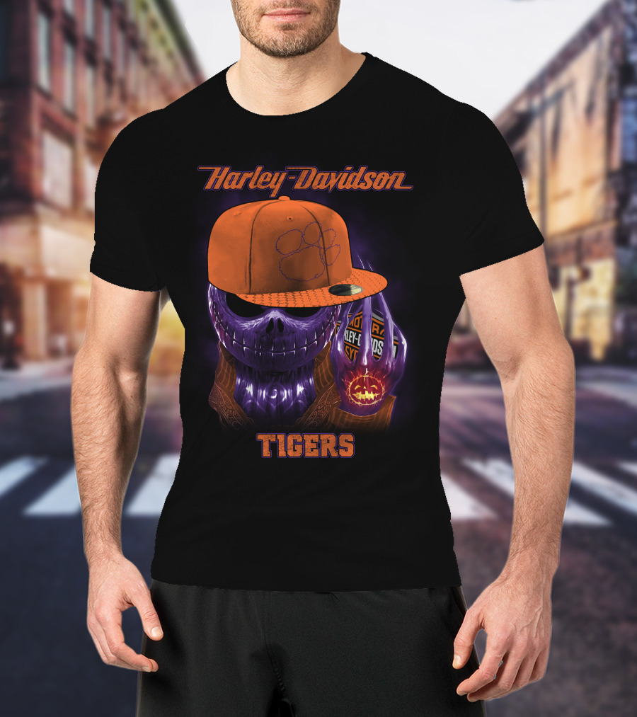 Harley Davidson Tigers Skull In Clemson Cap T-Shirt