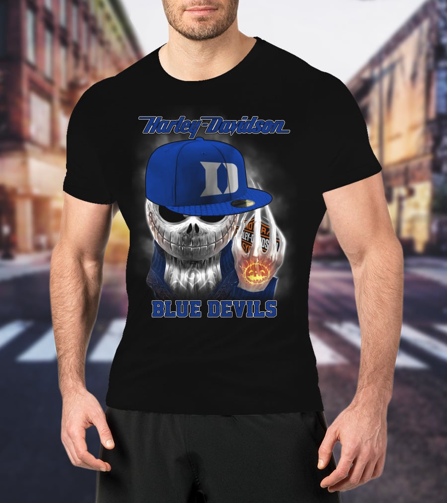 Harley Davidson Skull With Blue Devils Hat And Duke D T-Shirt