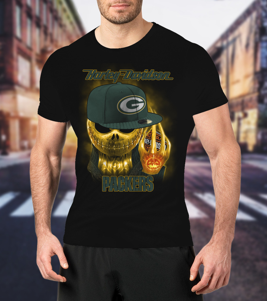 Harley Davidson Green Bay Packers Halloween Skull T-Shirt