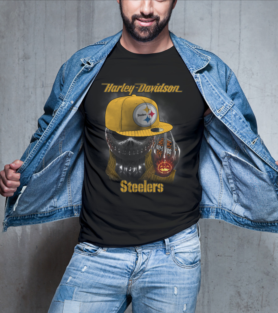Harley Davidson Steelers Skull With Cap T-Shirt