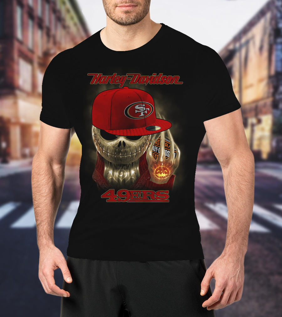 Harley Davidson Skull With San Francisco 49ers Cap T-Shirt