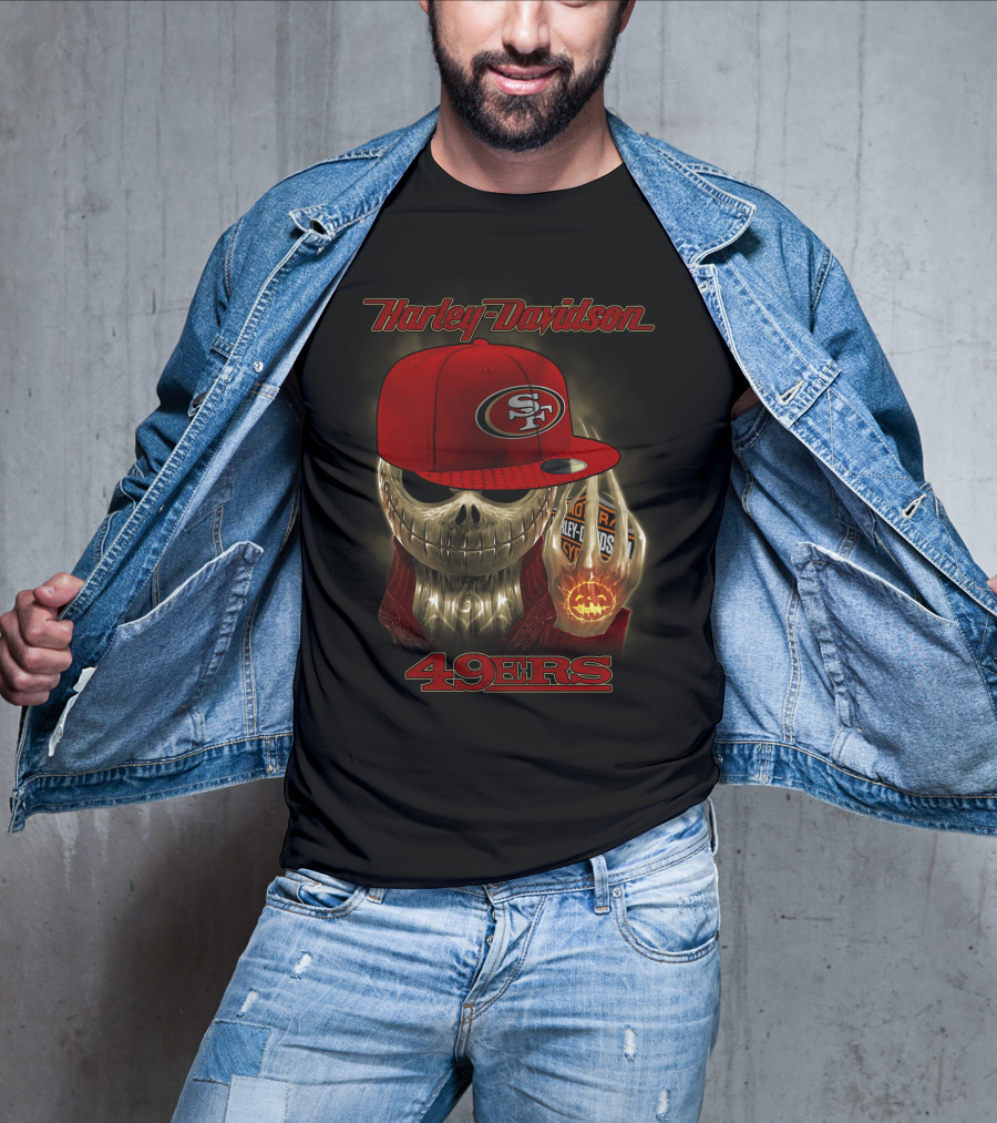 Harley Davidson Skull With San Francisco 49ers Cap T-Shirt