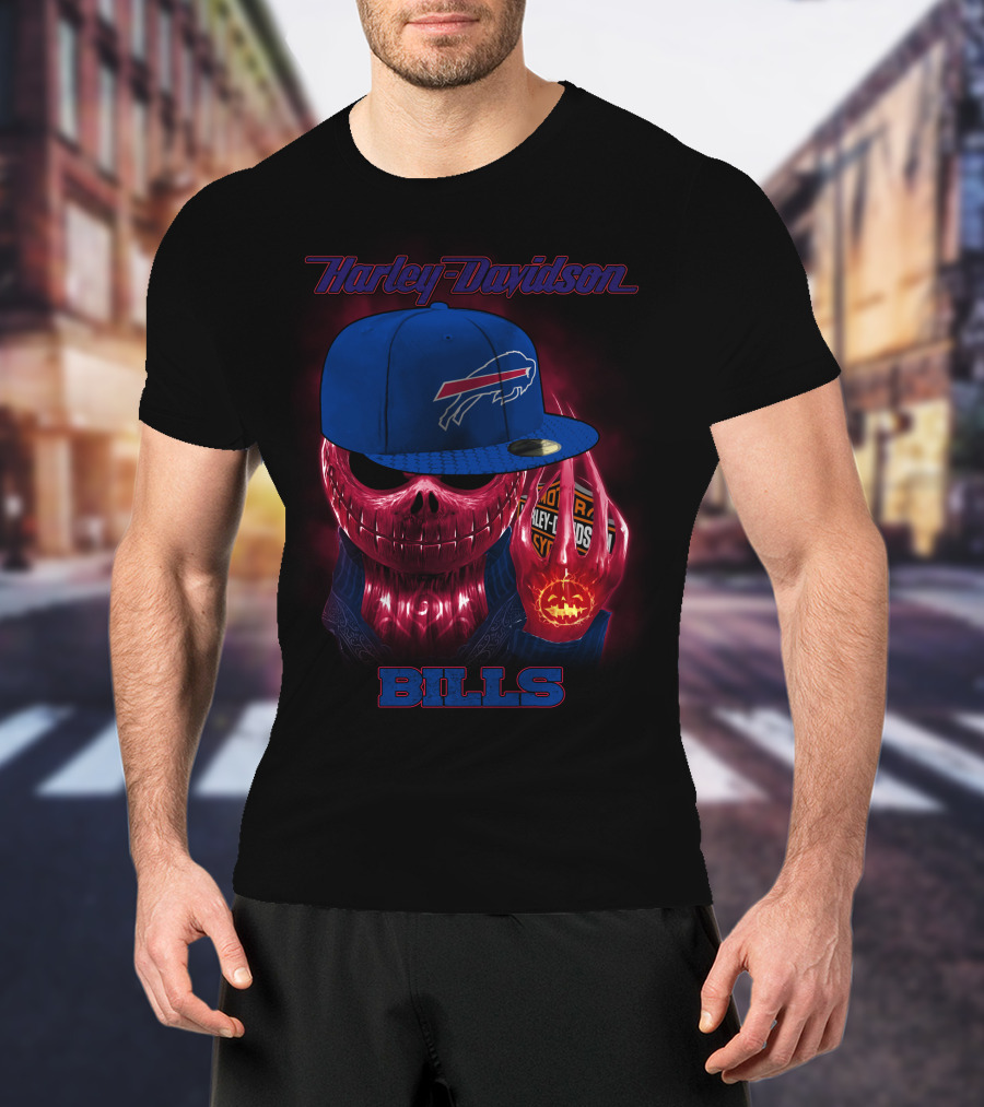 Harley Davidson Buffalo Bills Skeleton With Cap Halloween T-Shirt