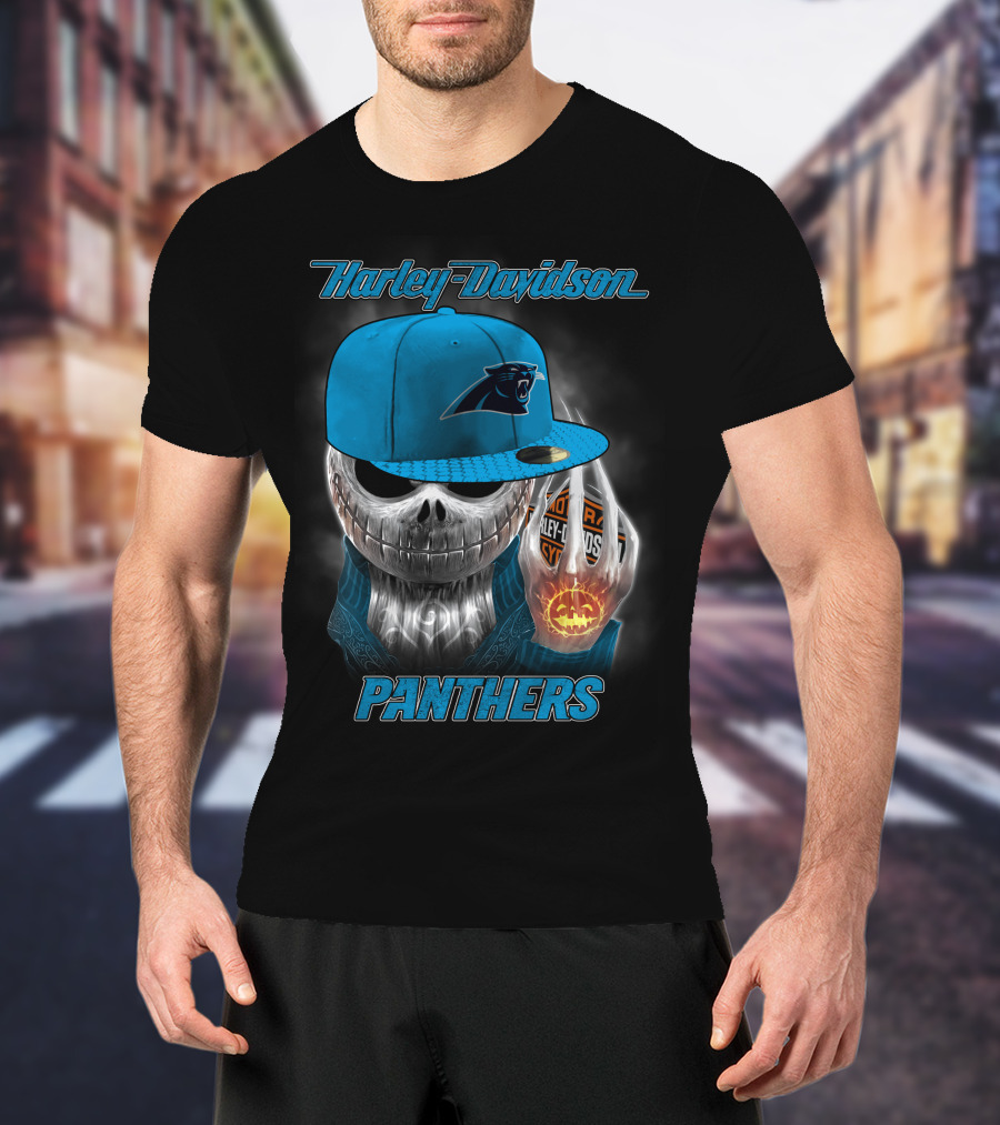 Harley Davidson Carolina Panthers Halloween Skeleton T-Shirt
