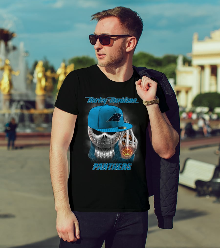 Harley Davidson Carolina Panthers Halloween Skeleton T-Shirt