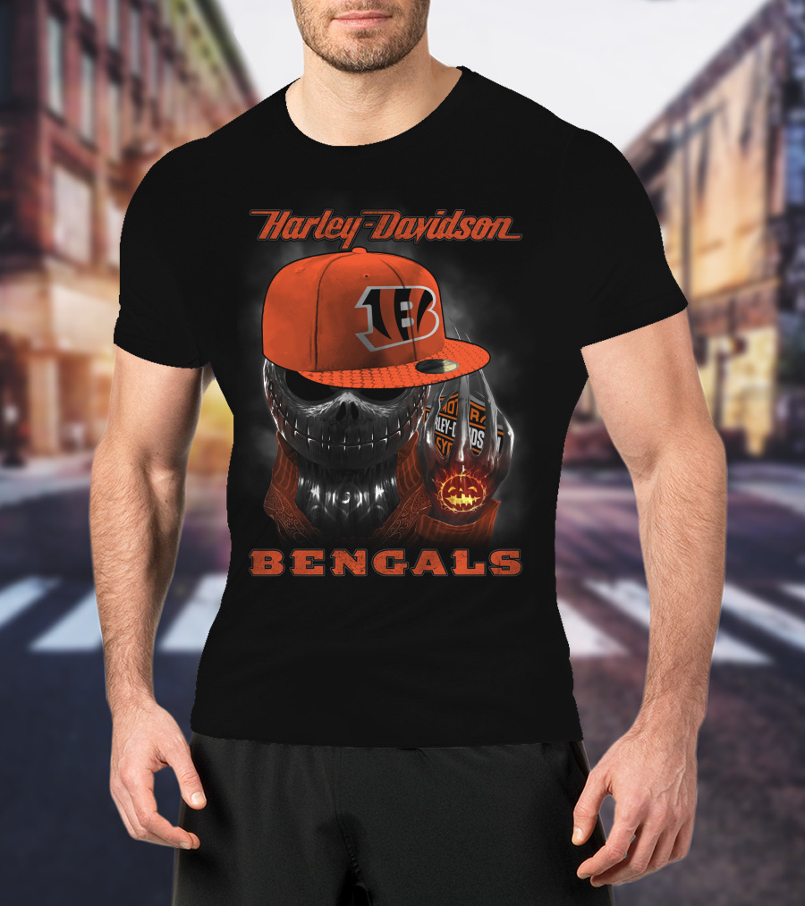 Harley Davidson Cincinnati Bengals Skull With Cap And Glove T-Shirt